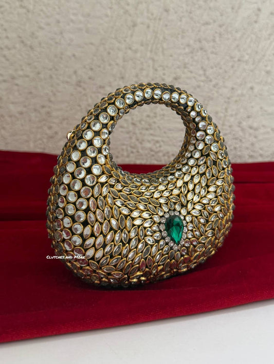 Kiana Kundan Clutch Mini Green Gold
