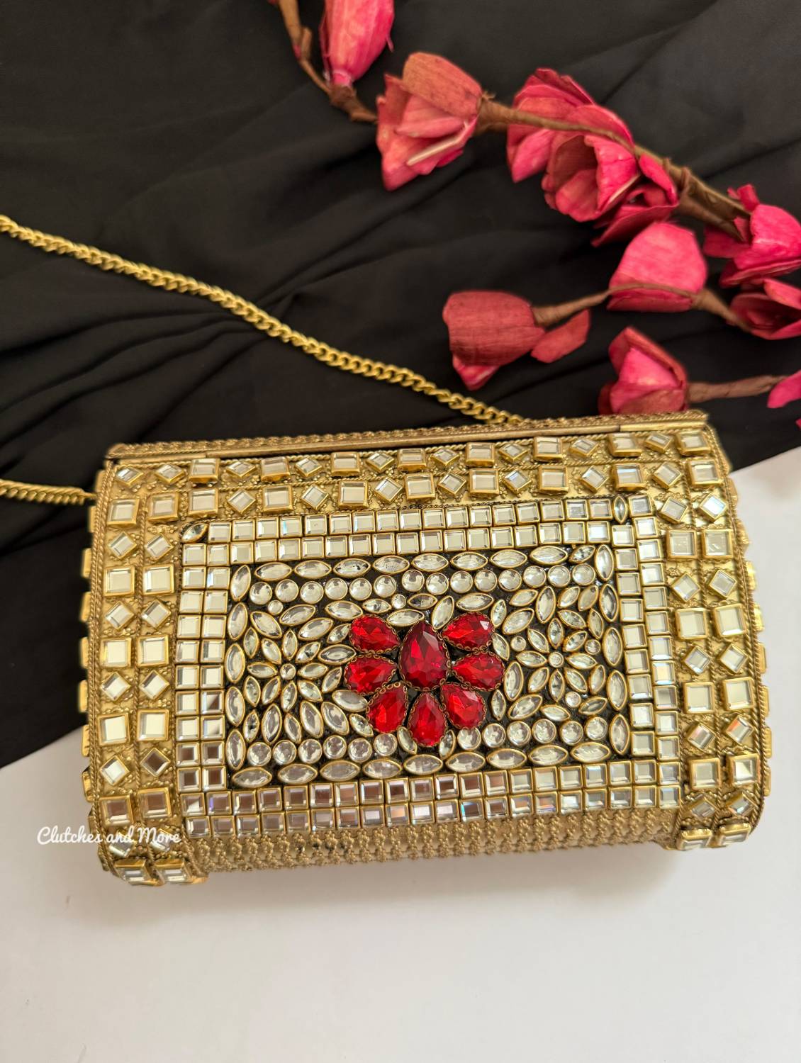 Kashish Kundan Brass Clutch Gold Red