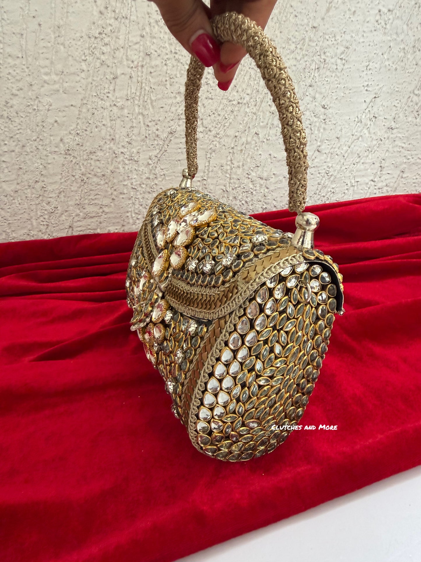 Mehnaaz Kundan Brass Clutch Gold White