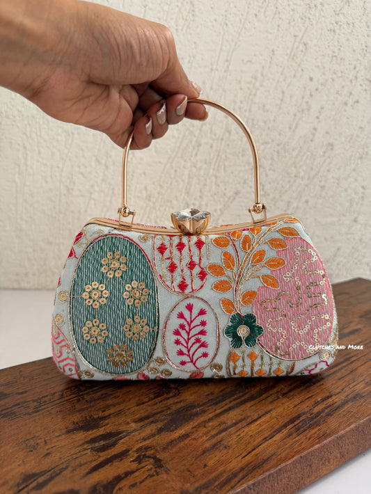Lakhnawi Chikankari Box Clutch Blue