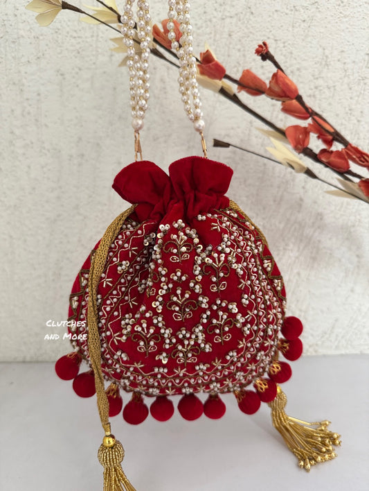 Red Ball Tassles Potli
