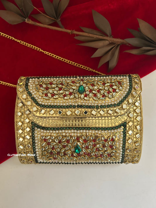 Kasika Kundan Brass Clutch Multicolored