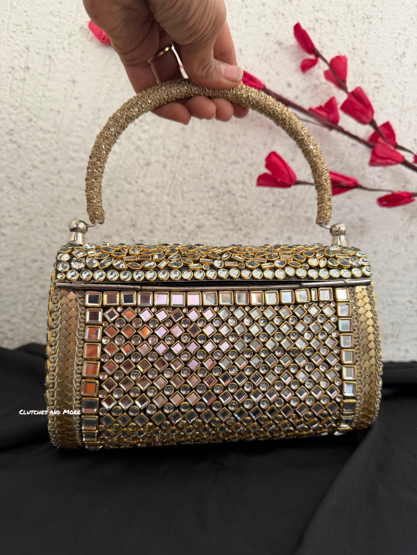 Mehnaaz Kundan Brass Clutch Gold White