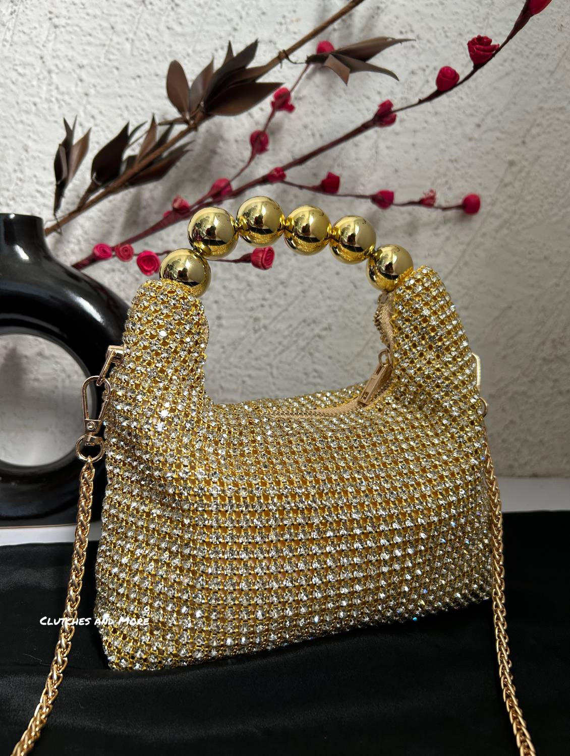 Rhinestone Gold Bag With Pearl Handle
