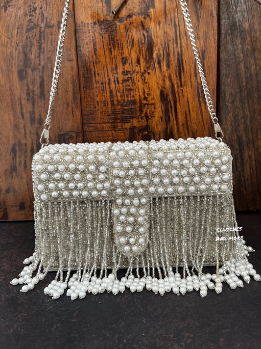 Silver and pearl box clutch