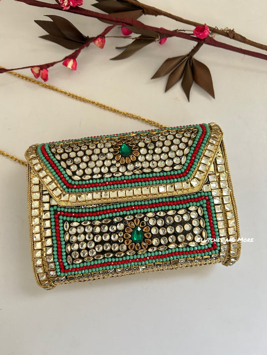 Kasika Kundan Brass Clutch Multicolored