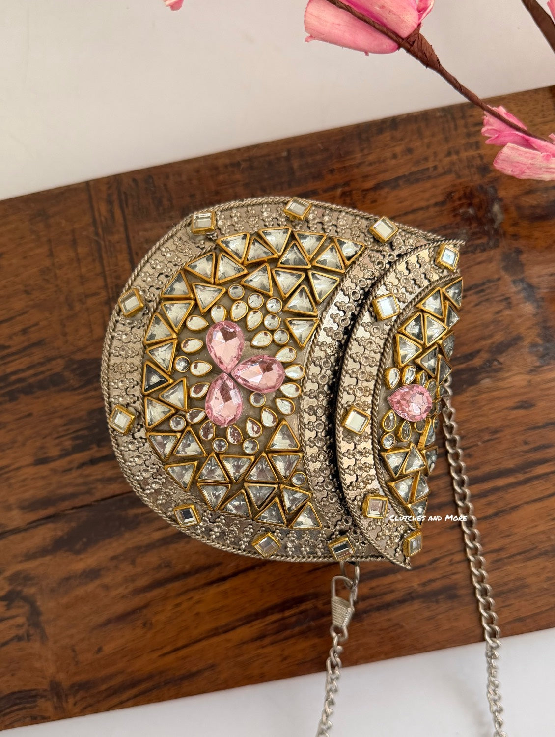 Kasika Kundan Brass Clutch Mini Silver Pink