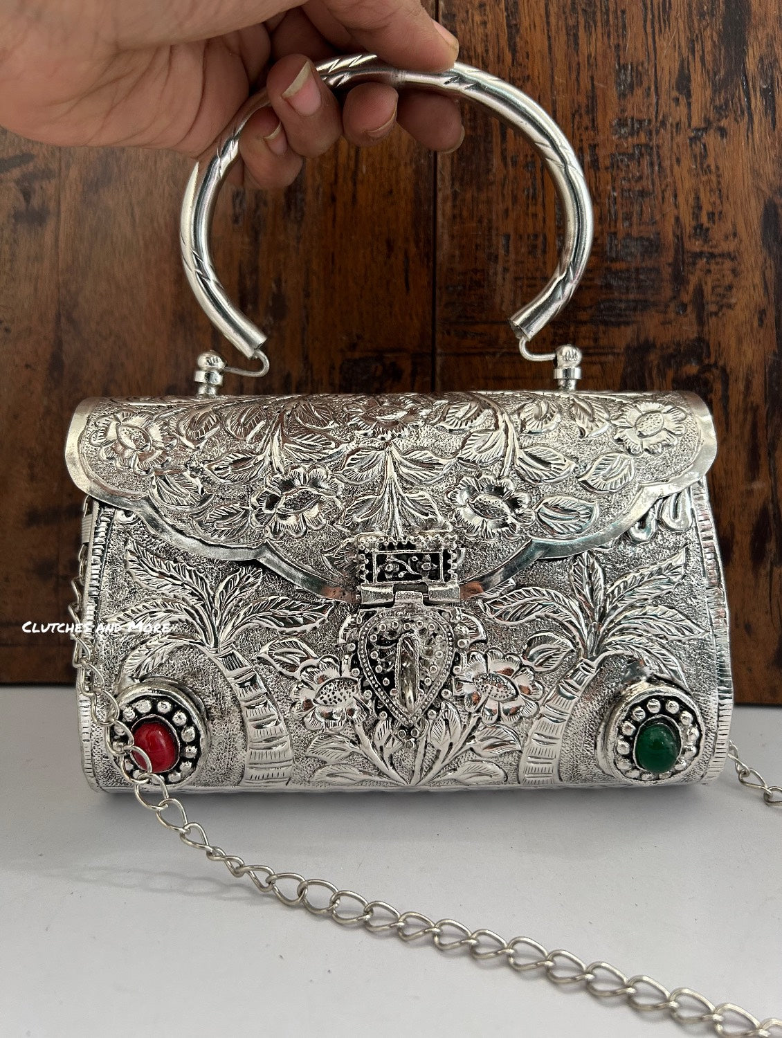 Silver Brass Clutch With Handle and Chain