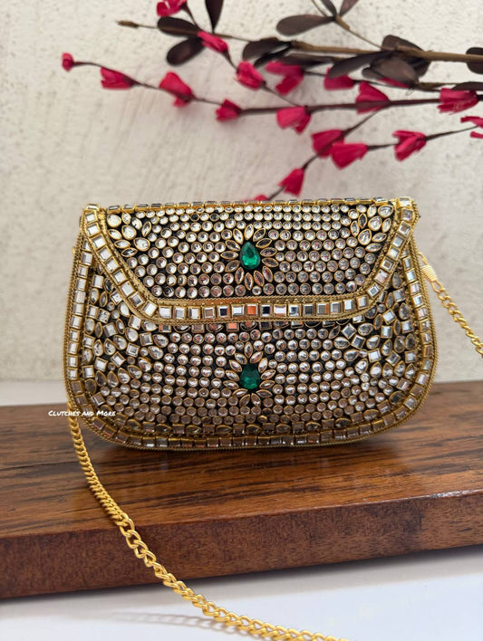 Kasika Kundan Brass Clutch Green Gold