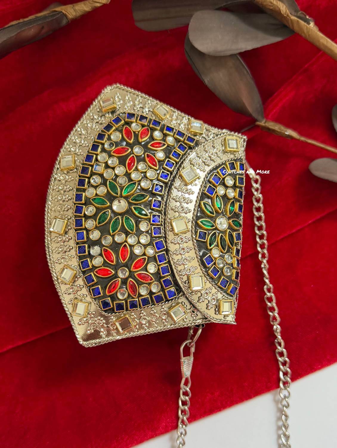 Kasika Kundan Brass Clutch Mini Silver Multicolored