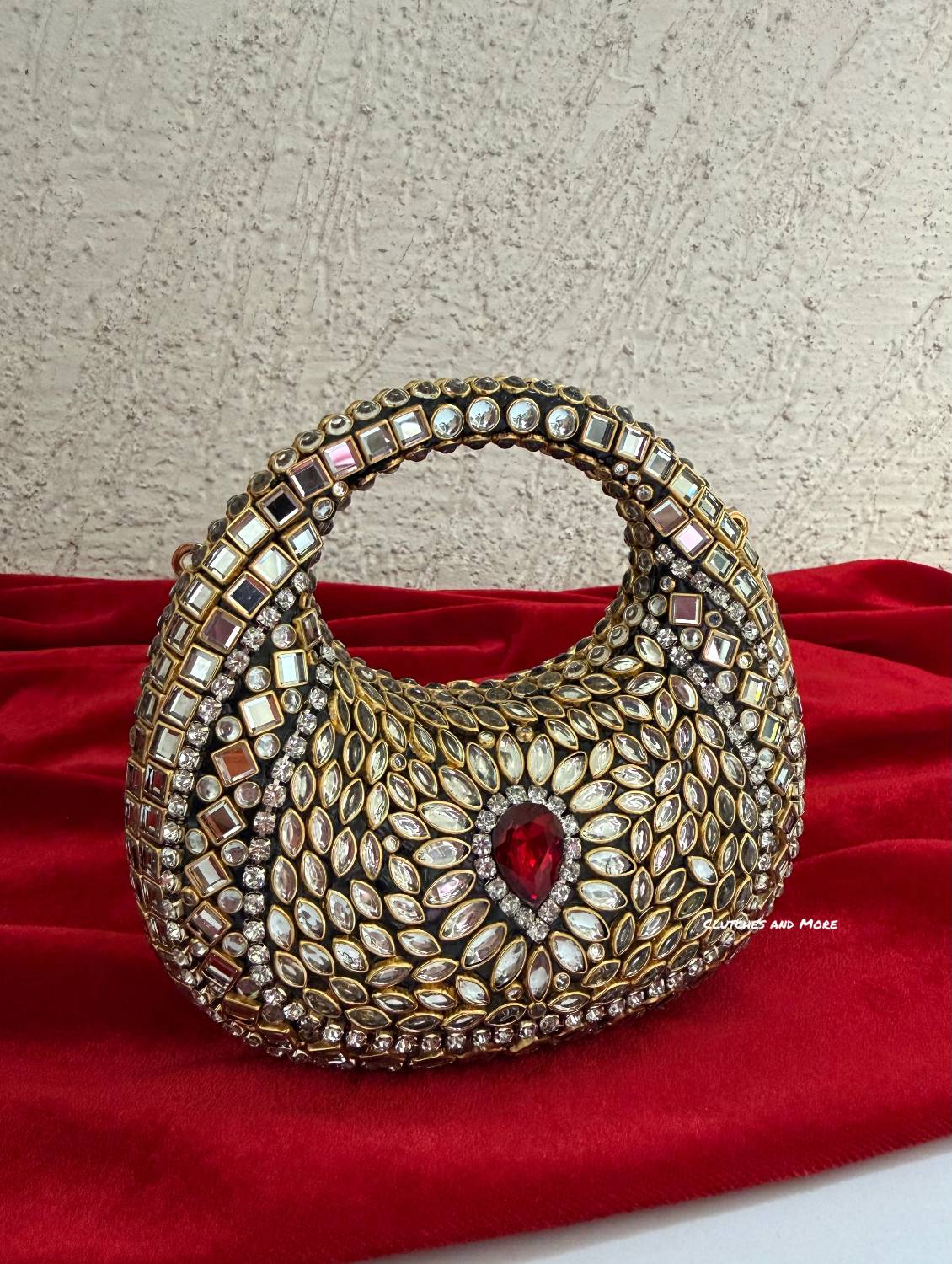 Kiana Kundan Clutch Mini Red Gold