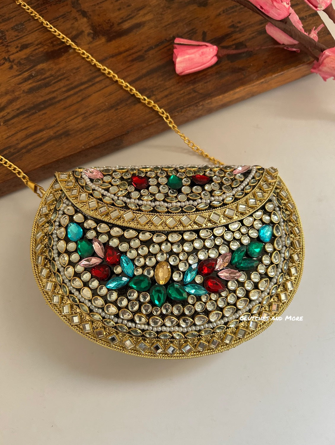 Kasika Kundan Brass Clutch Multicolored