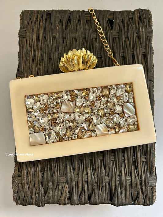 Premium Embellished Resin Clutch Off White