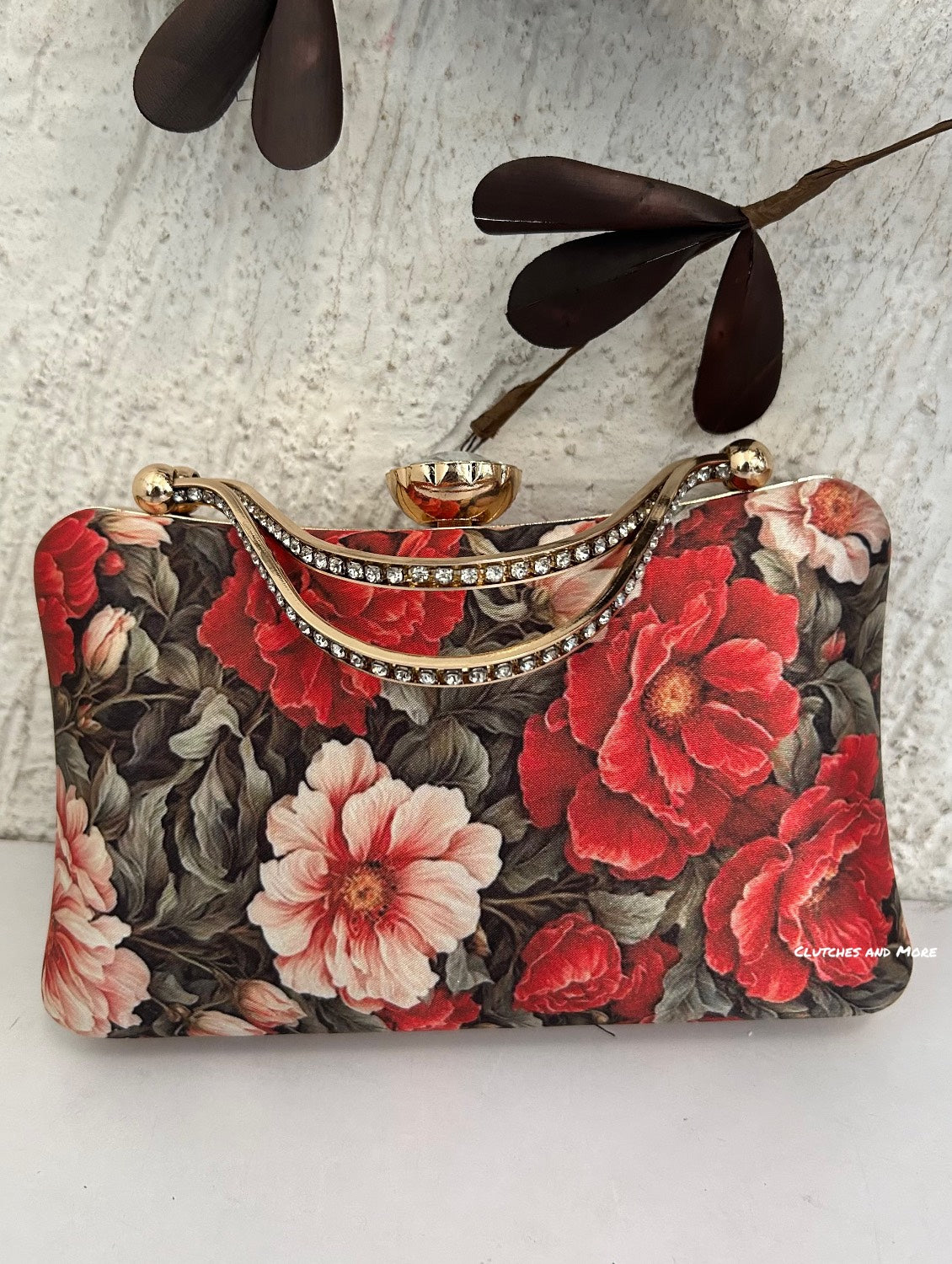 Poppy Green Red Floral Clutch with diamond handle