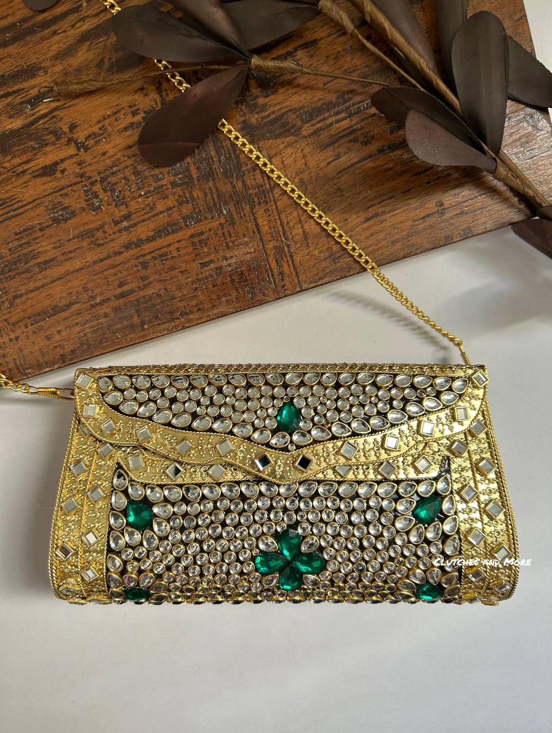 Kasika Kundan Brass Clutch Gold Green