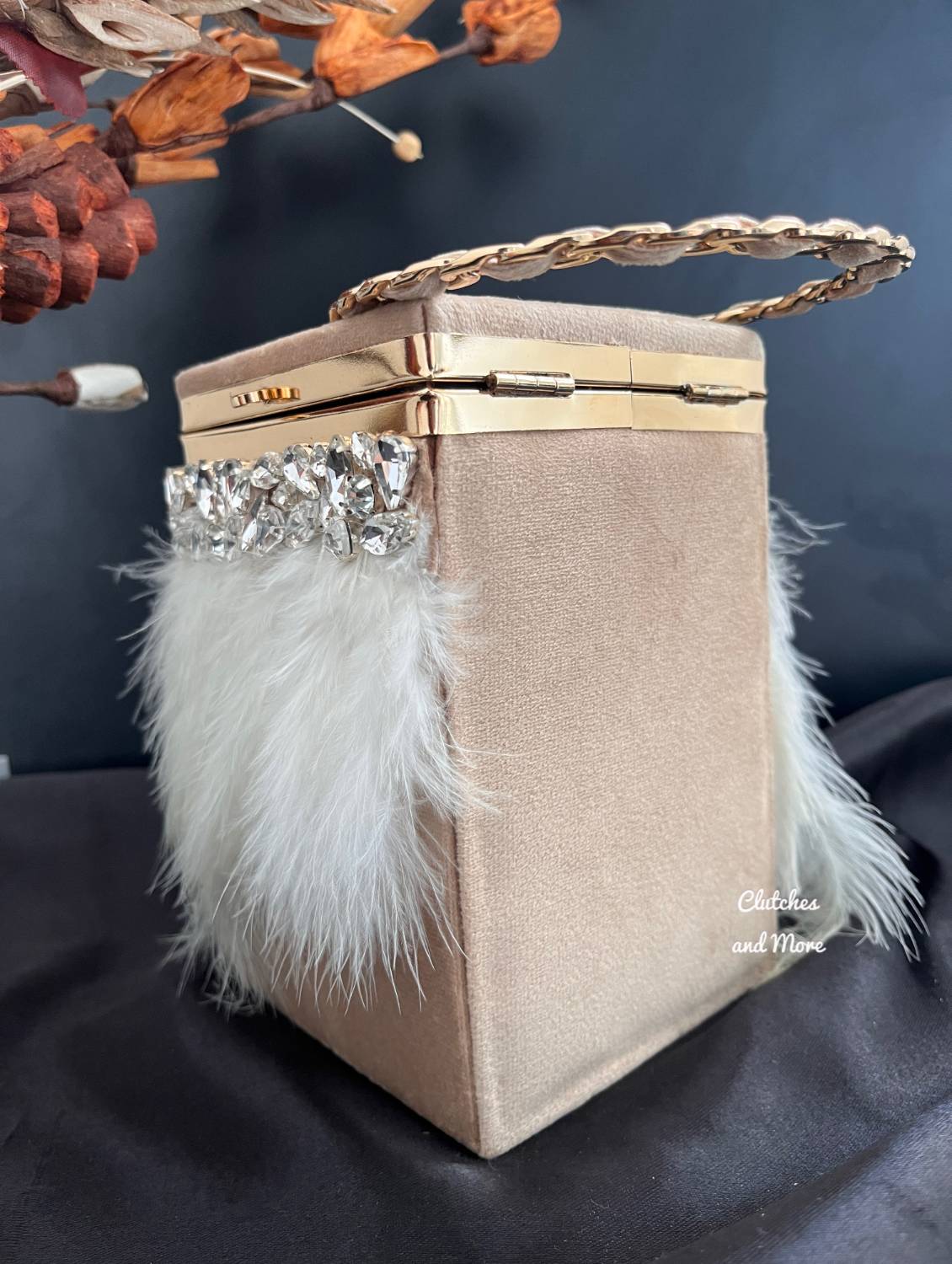 Feather Box Clutch White Beige