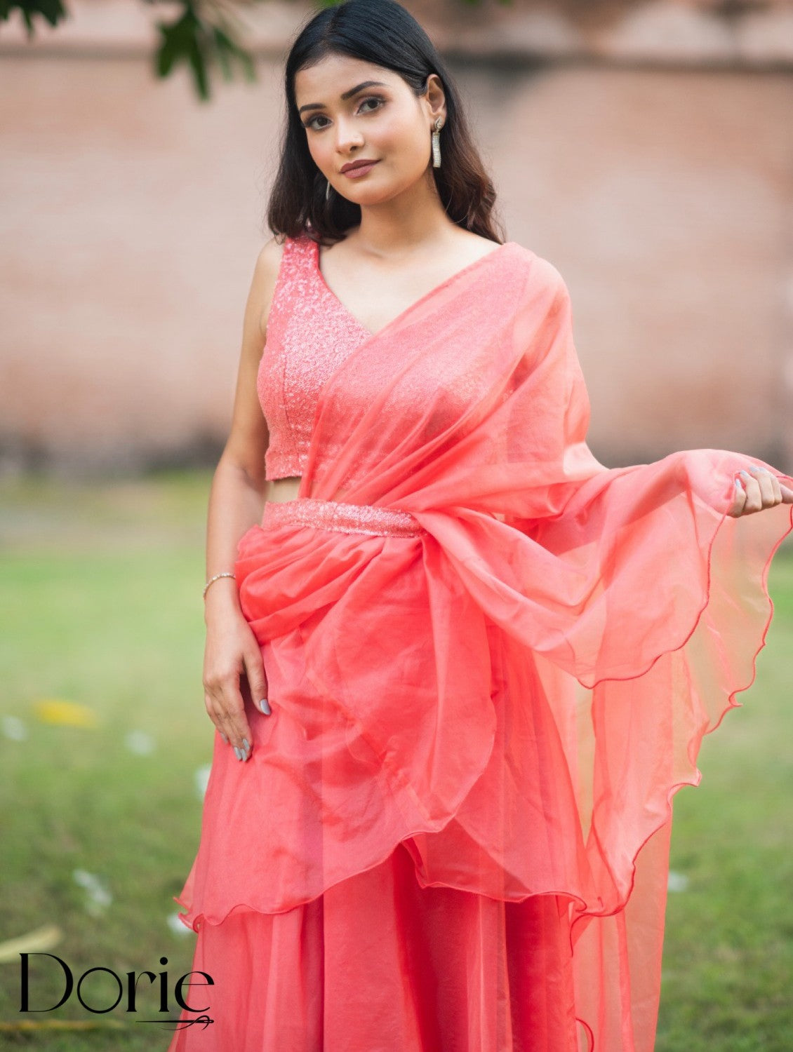 Peach Organza Pre Draped Saree Lehenga by Dorie