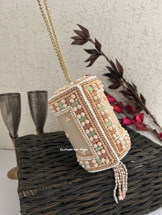 Cylindrical Beaded Bag Nude