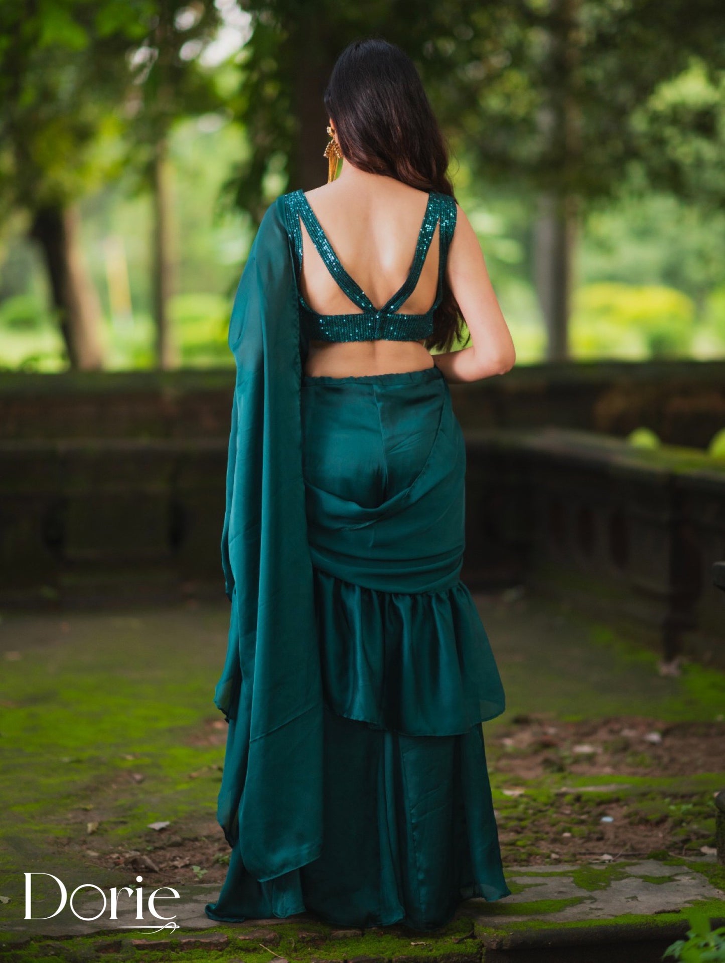 Green Satin Pre Draped Plazzo Saree by Dorie