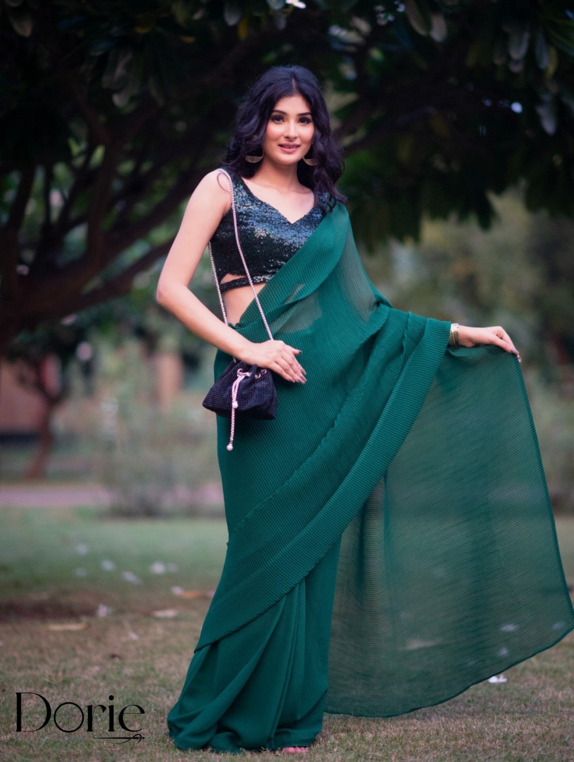 Bottle Green Crushed  Ready to Wear Saree by Dorie