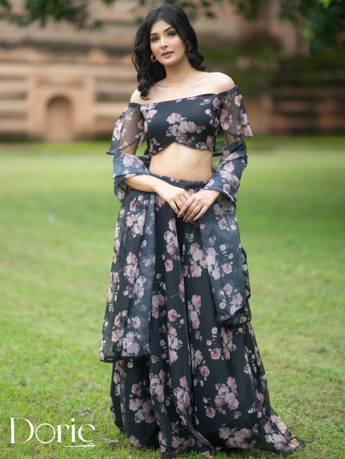 Black Floral Organza Lehenga by Dorie