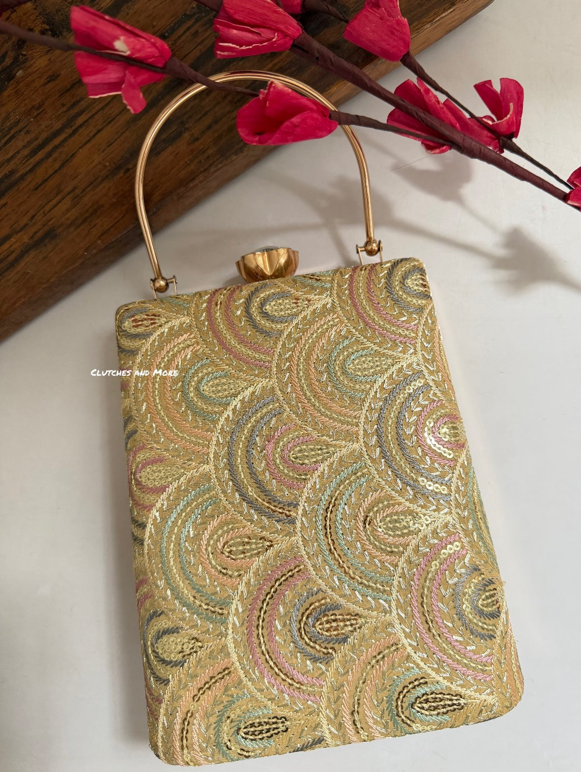 Rainbow Lakhnawi Chikankari Bag Gold