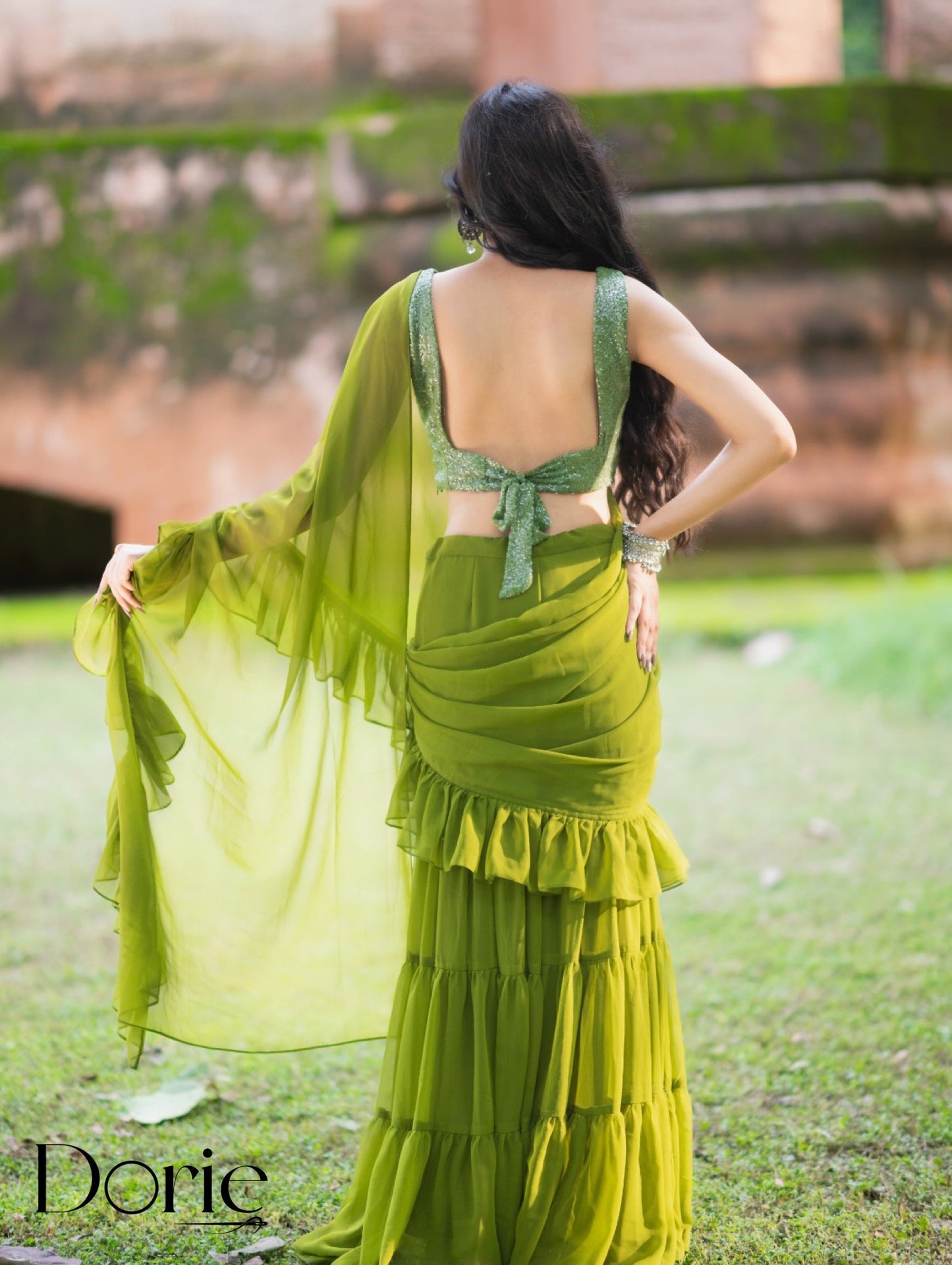 Green Georgette Pre Draped Sharara Saree by Dorie