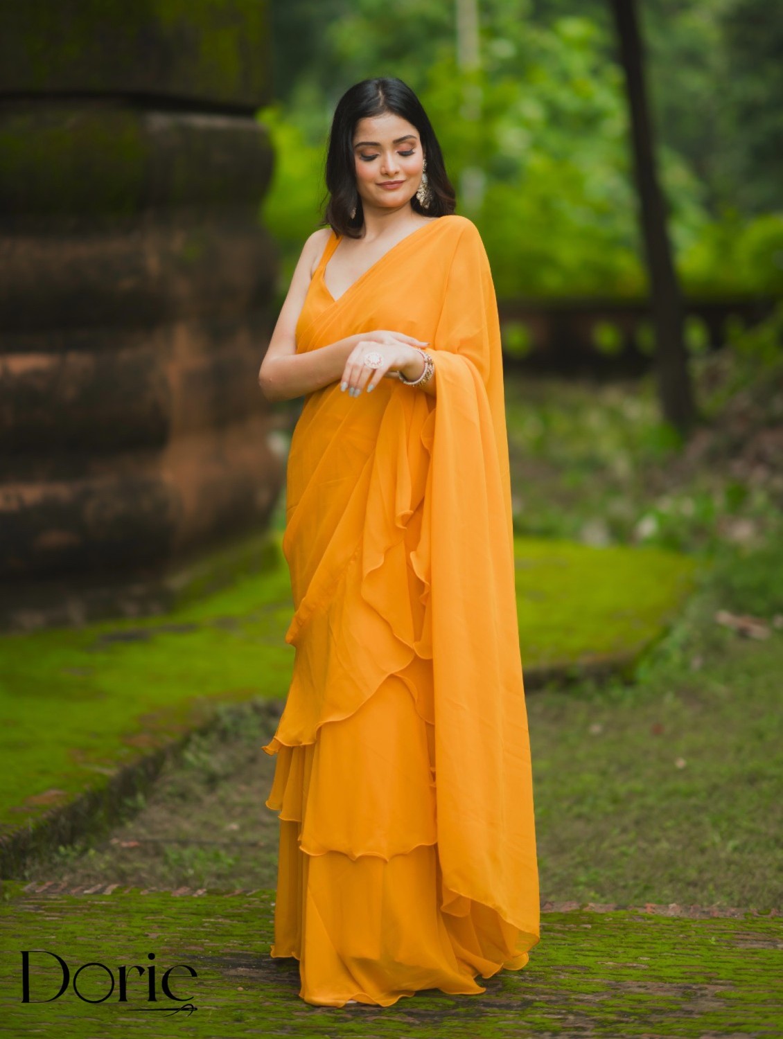 Yellow Georgette Pre Draped Saree by Dorie