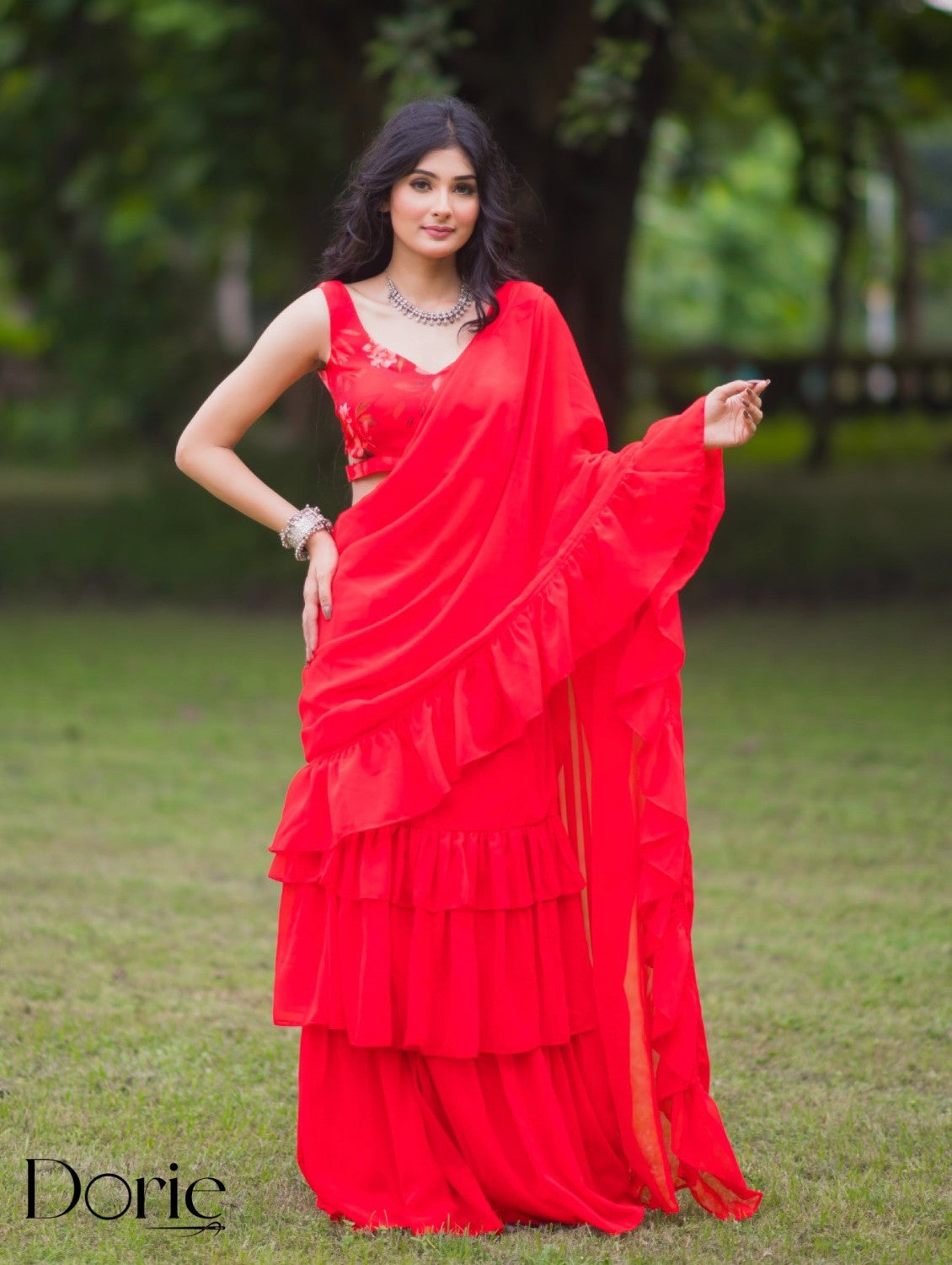 Red Georgette Pre Draped Saree by Dorie