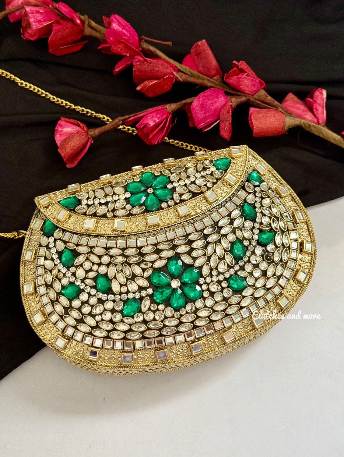 Kasika Kundan Brass Clutch Gold Green