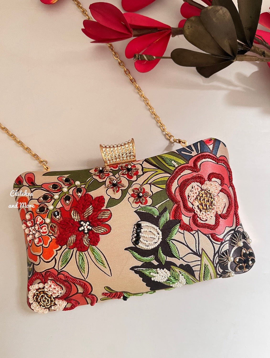 Poppy Beige Multi Floral Clutch