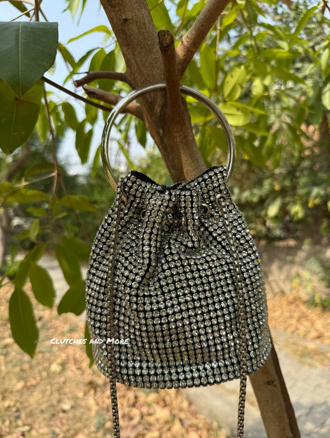 Hazel Rhinestone Bucket Bag Silver