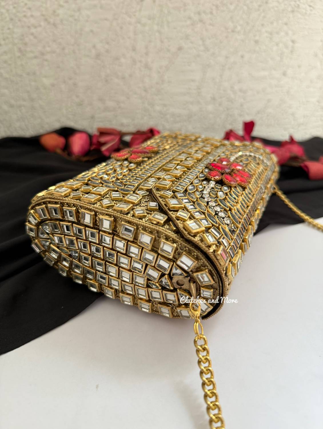 Kashish Kundan Brass Clutch Gold Red