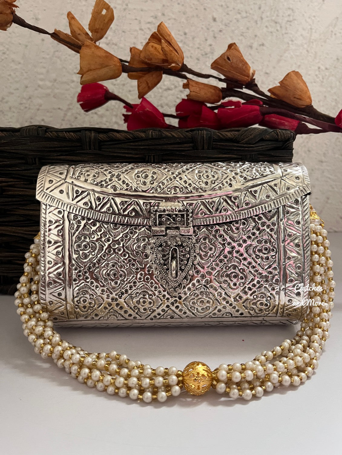 Silver Brass Clutch with Pearl Handle