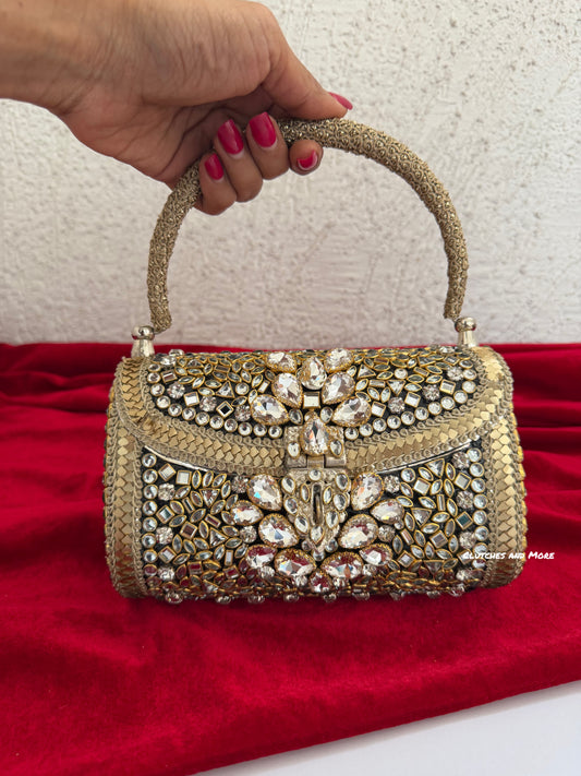 Mehnaaz Kundan Brass Clutch Gold White
