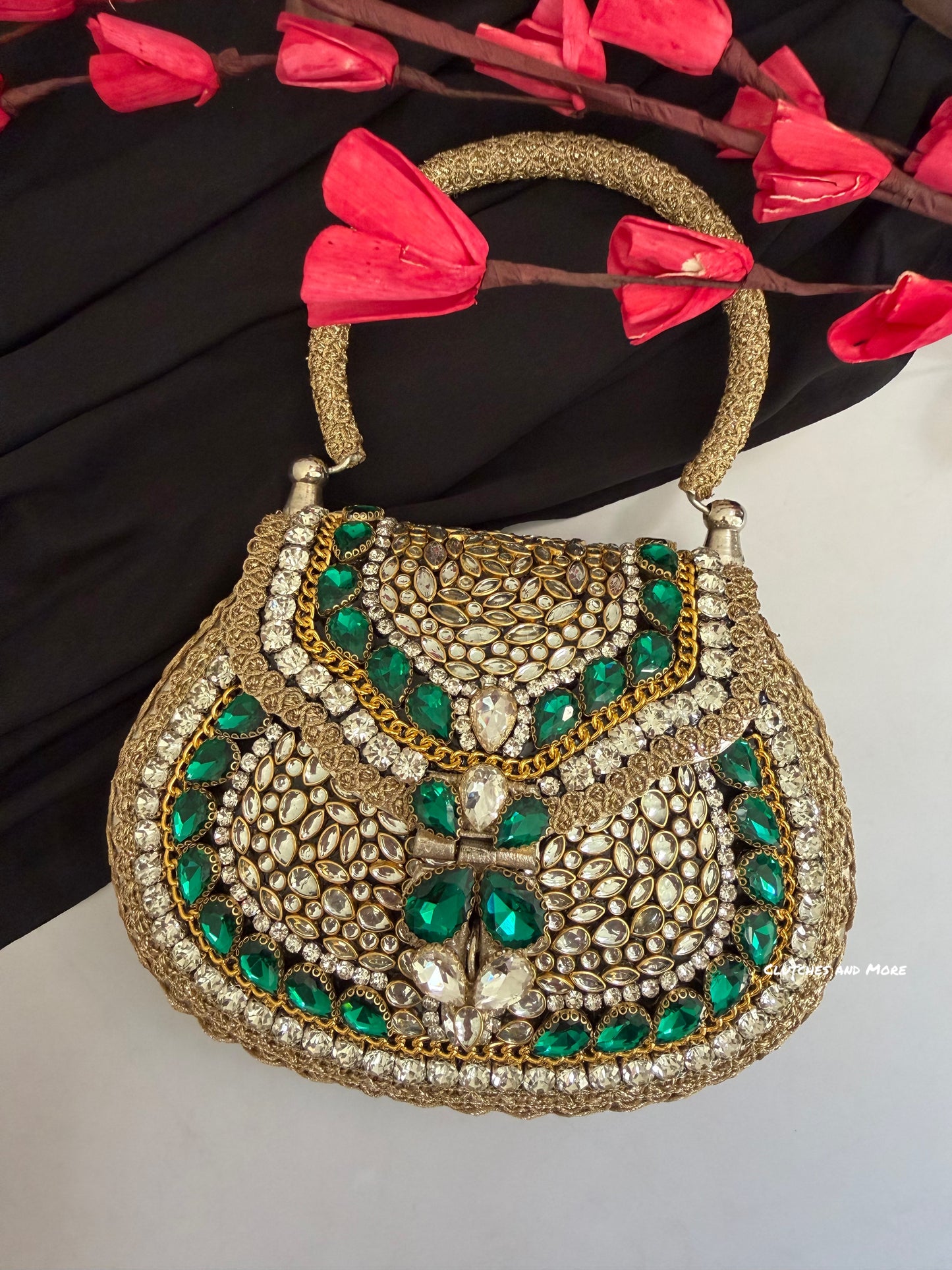 Mehnaaz Kundan Brass Clutch Green Gold White
