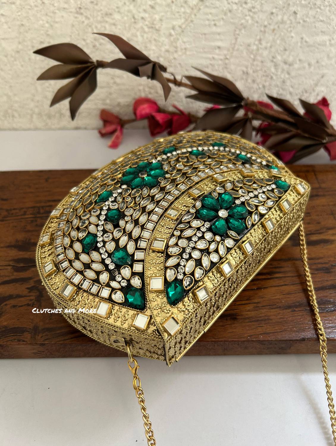Kasika Kundan Brass Clutch Gold Green