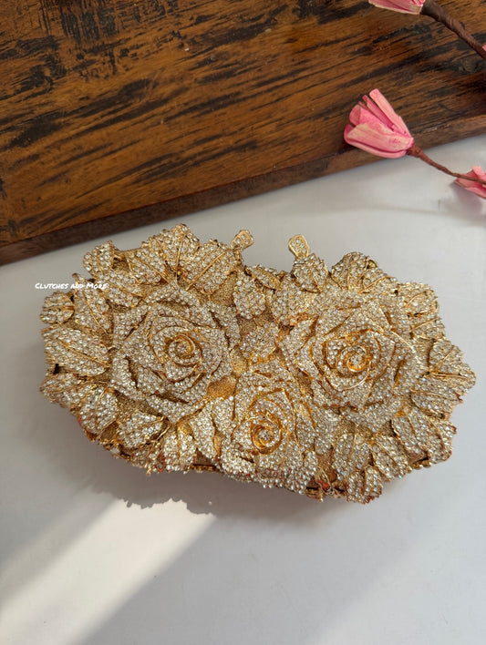 Premium Crystal Gold Rose Clutch