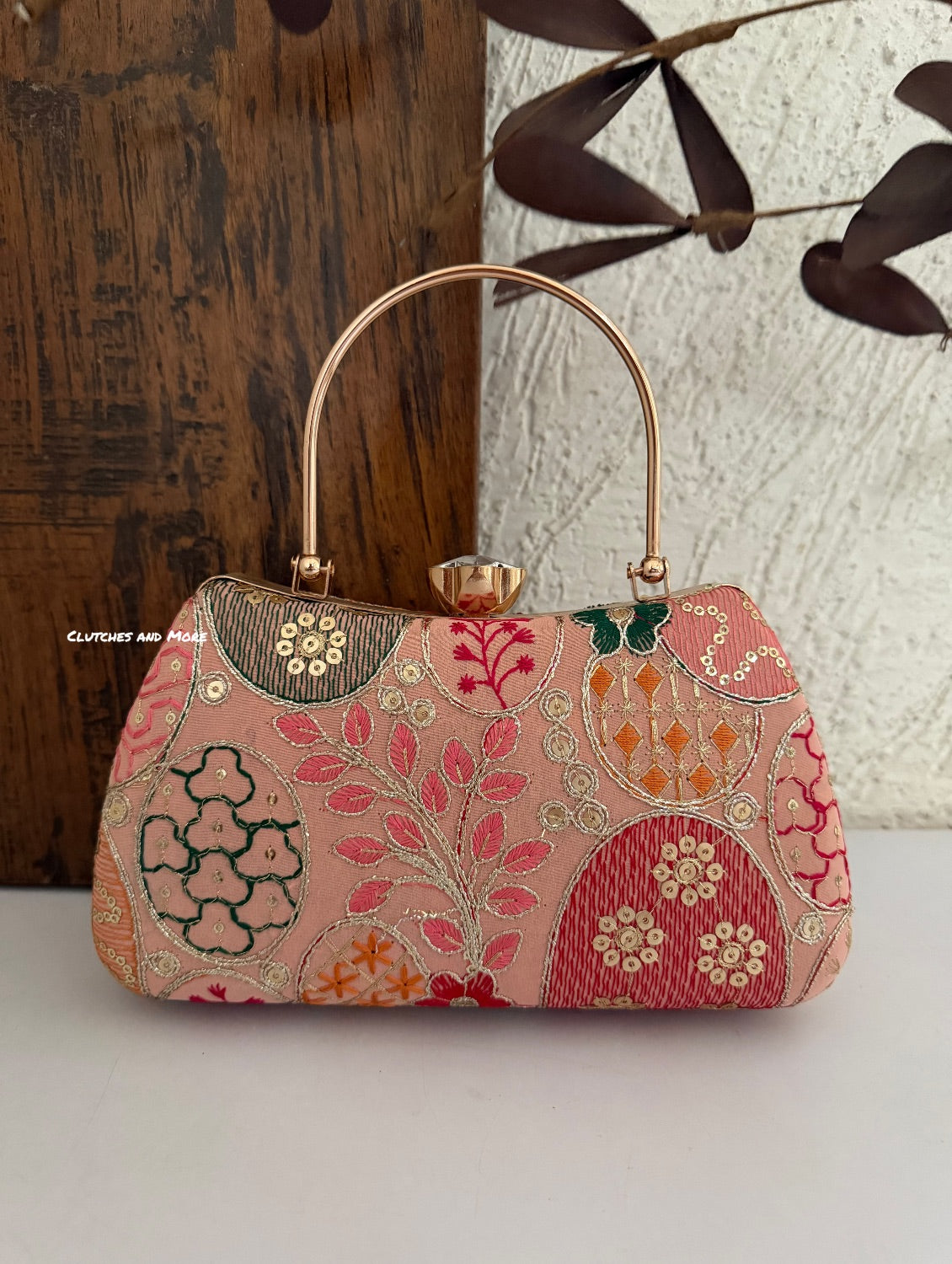 Lakhnawi Chikankari Box Clutch Peach