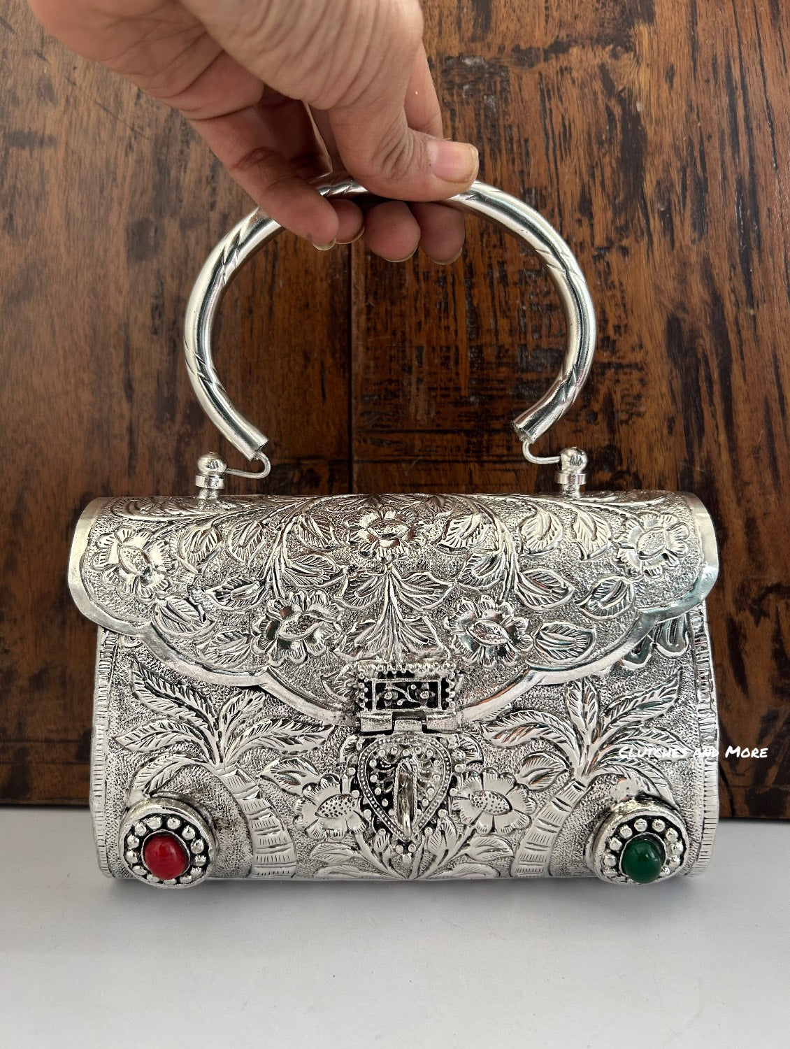 Silver Brass Clutch With Handle and Chain