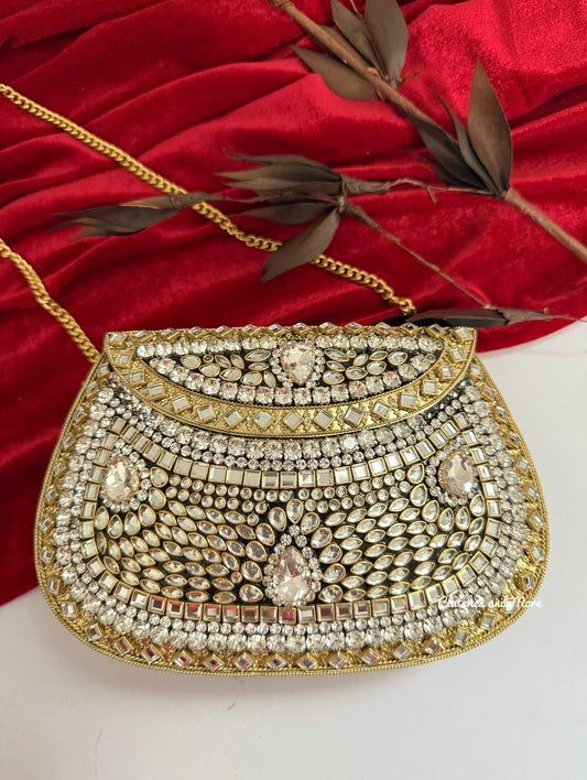 Kashish Kundan Brass Clutch White Gold