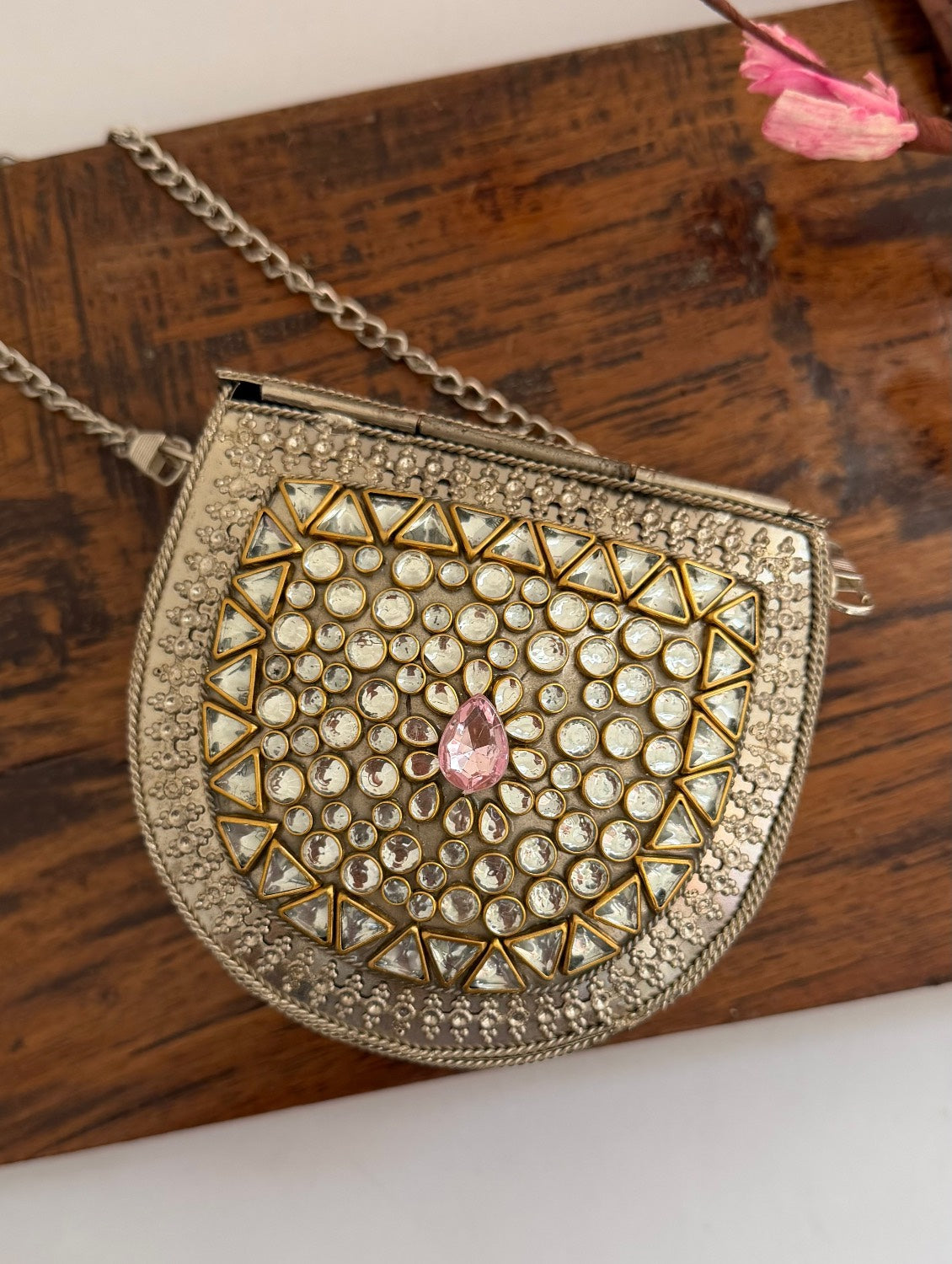 Kasika Kundan Brass Clutch Mini Silver Pink