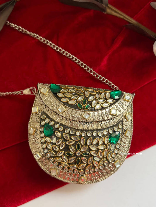 Kasika Kundan Brass Clutch Mini Silver