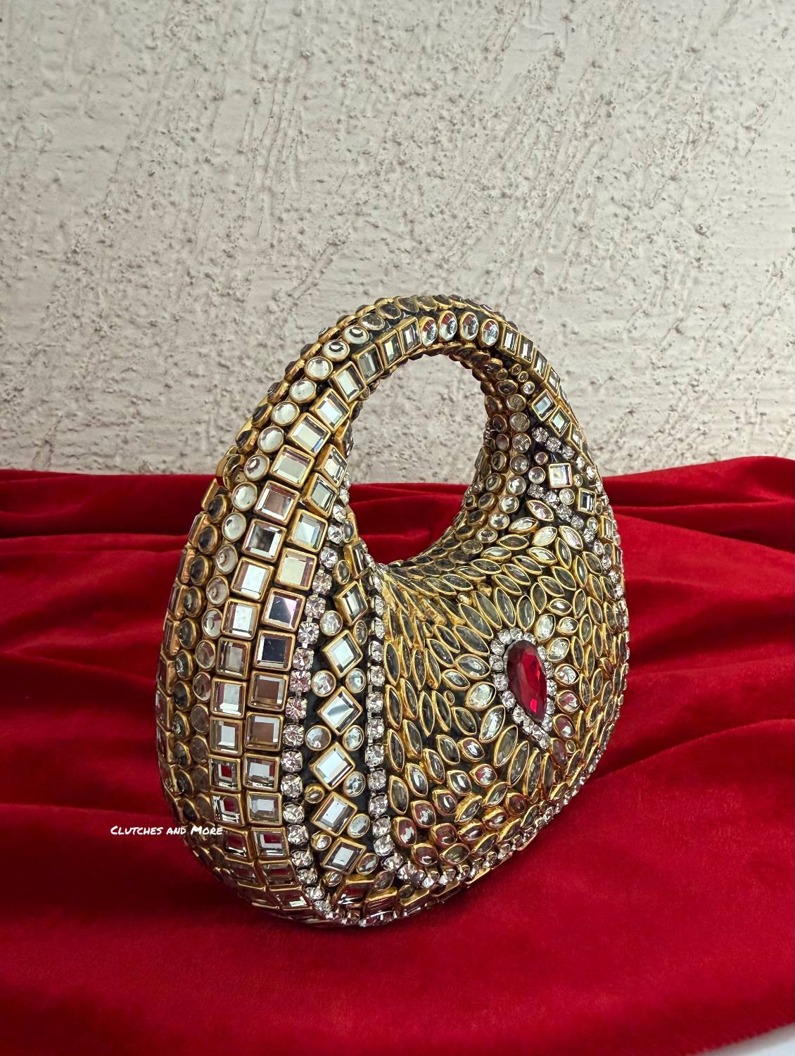 Kiana Kundan Clutch Mini Red Gold