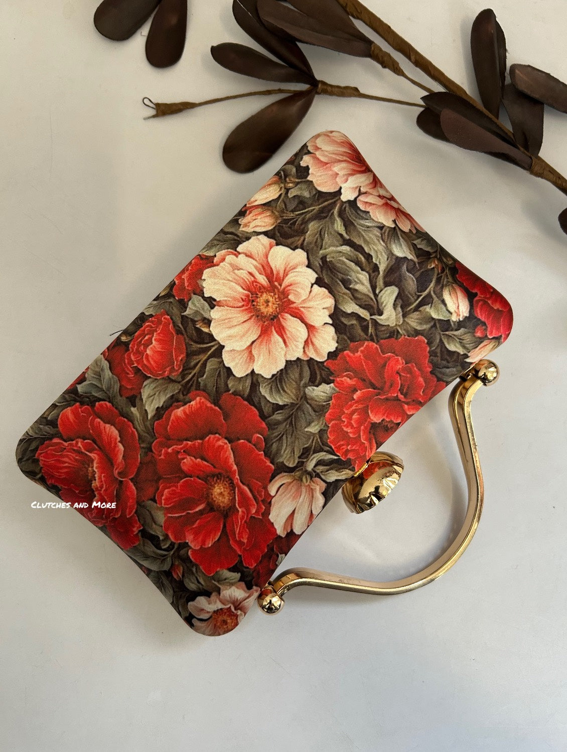 Poppy Green Red Floral Clutch with diamond handle