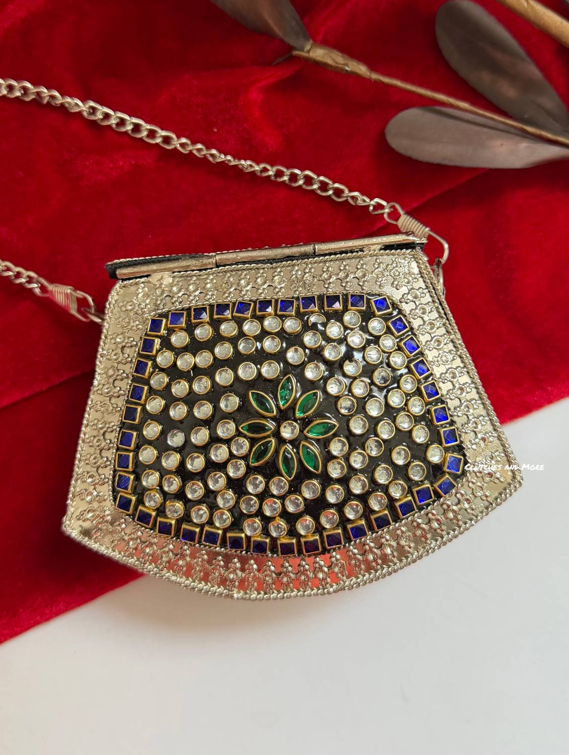 Kasika Kundan Brass Clutch Mini Silver Multicolored
