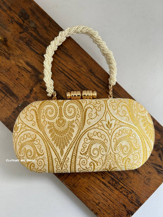 Adaa Banarsi Clutch Ivory Gold