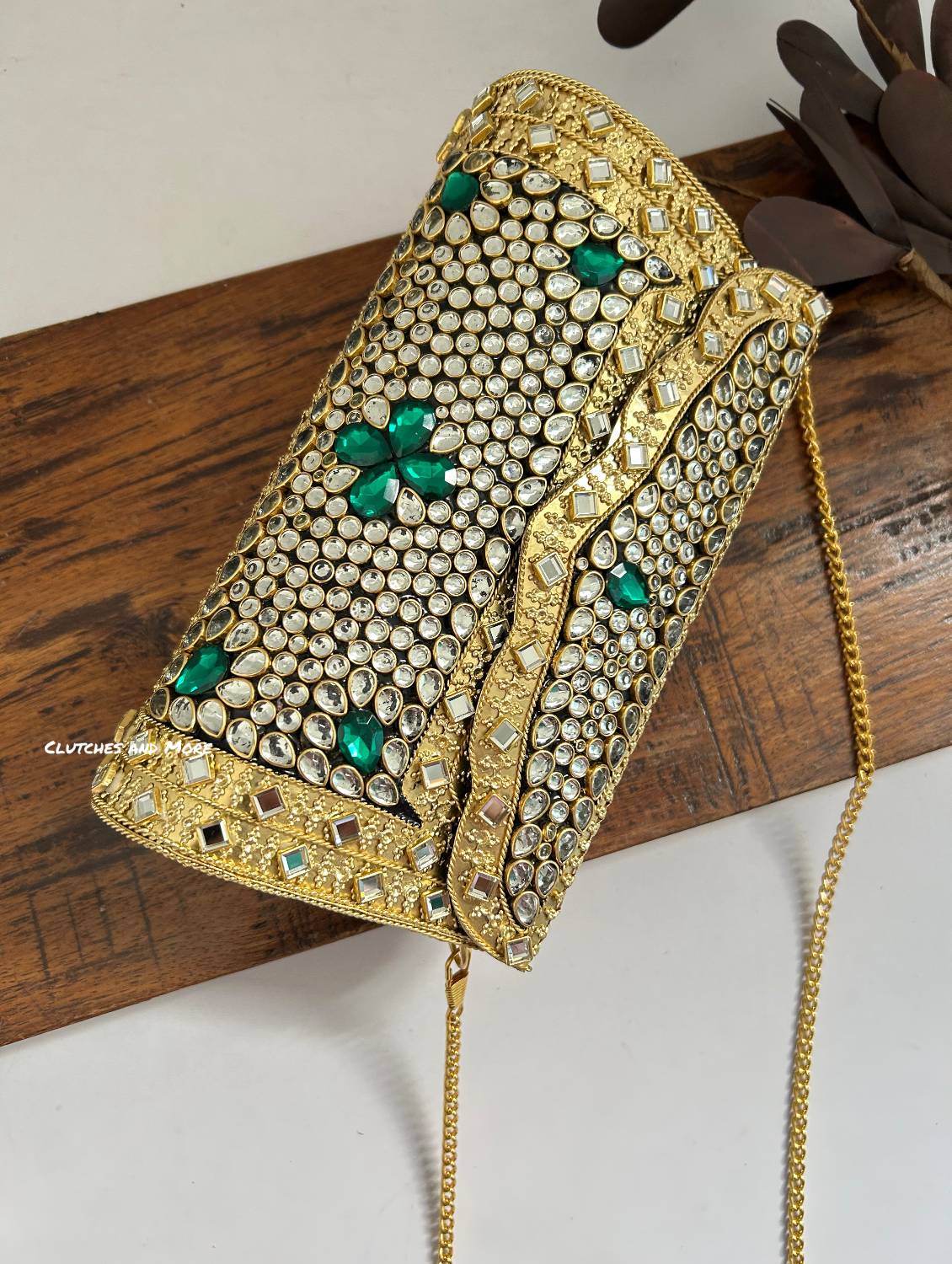 Kasika Kundan Brass Clutch Gold Green