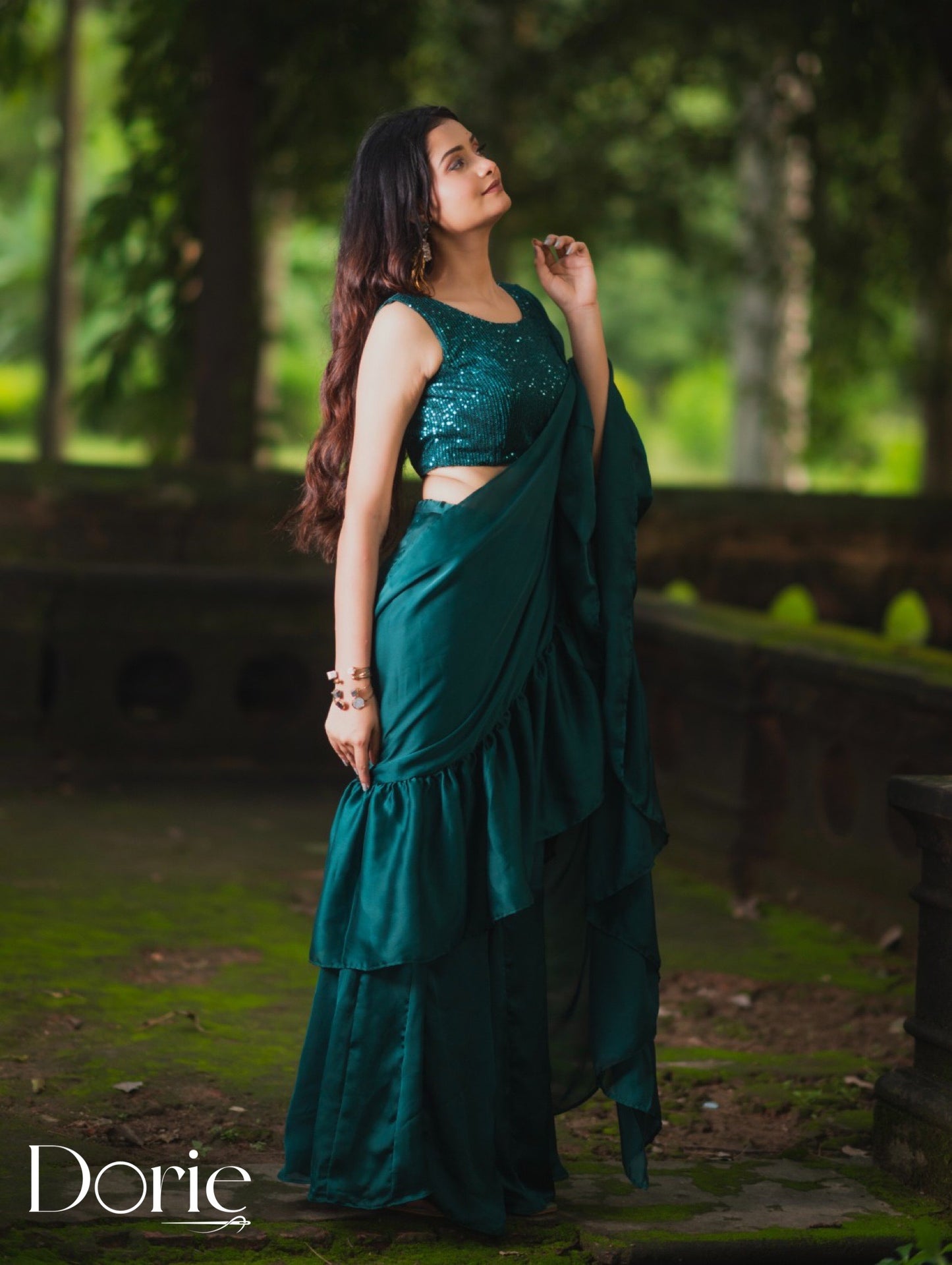 Green Satin Pre Draped Plazzo Saree by Dorie