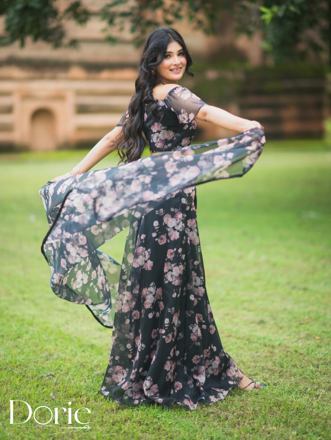 Black Floral Organza Lehenga by Dorie